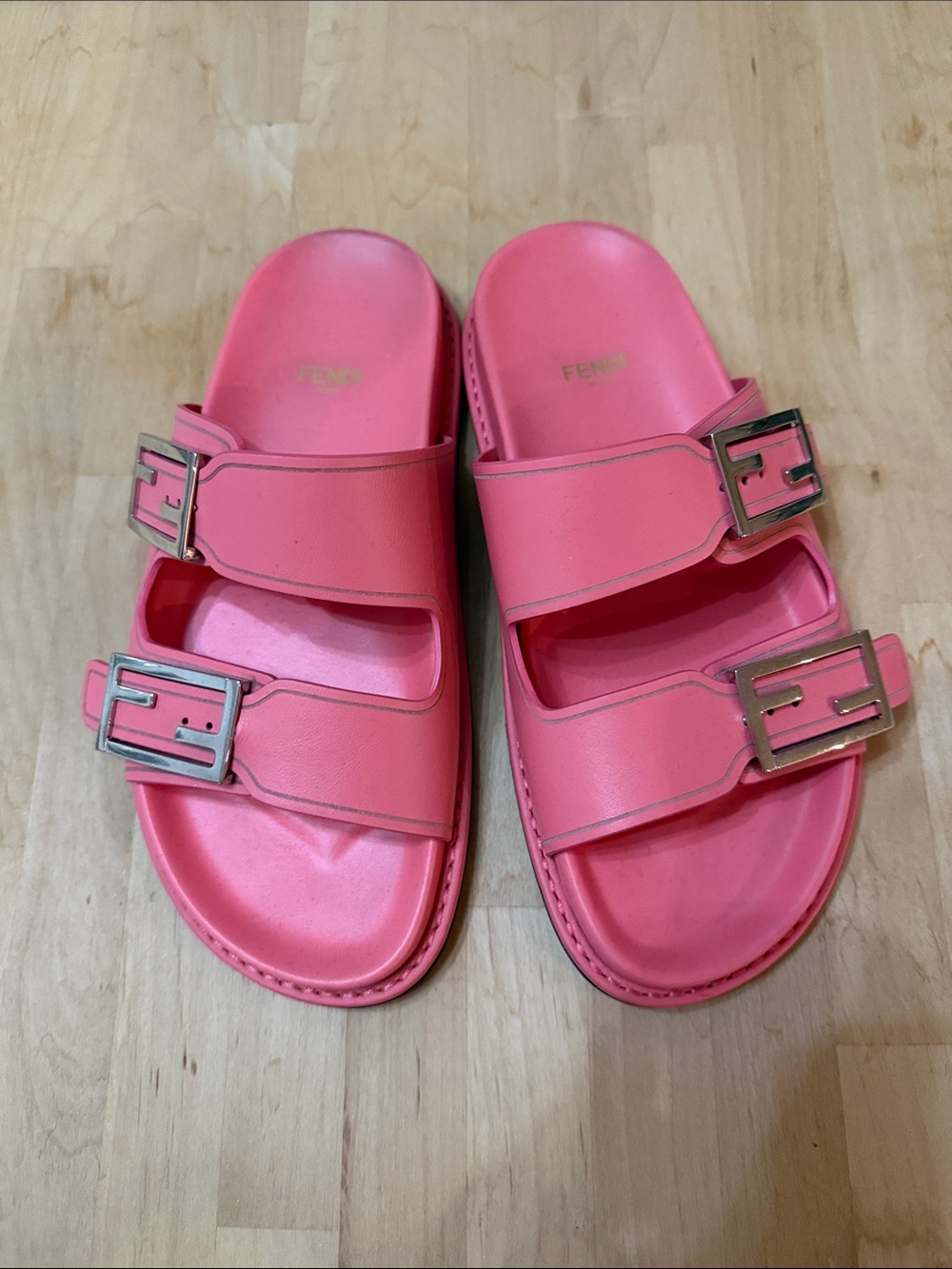 Fendi Coral Pink Double Buckle Slide Sandals